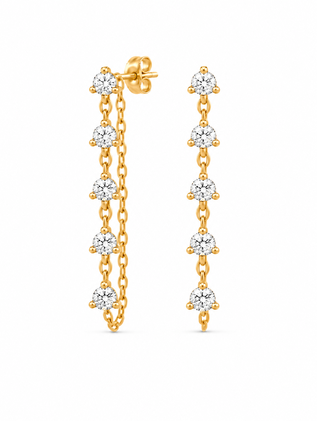 A pair of gold dangle earrings with a vertical chain of five round-cut lab-grown diamonds in prong settings, shown on a plain white background.