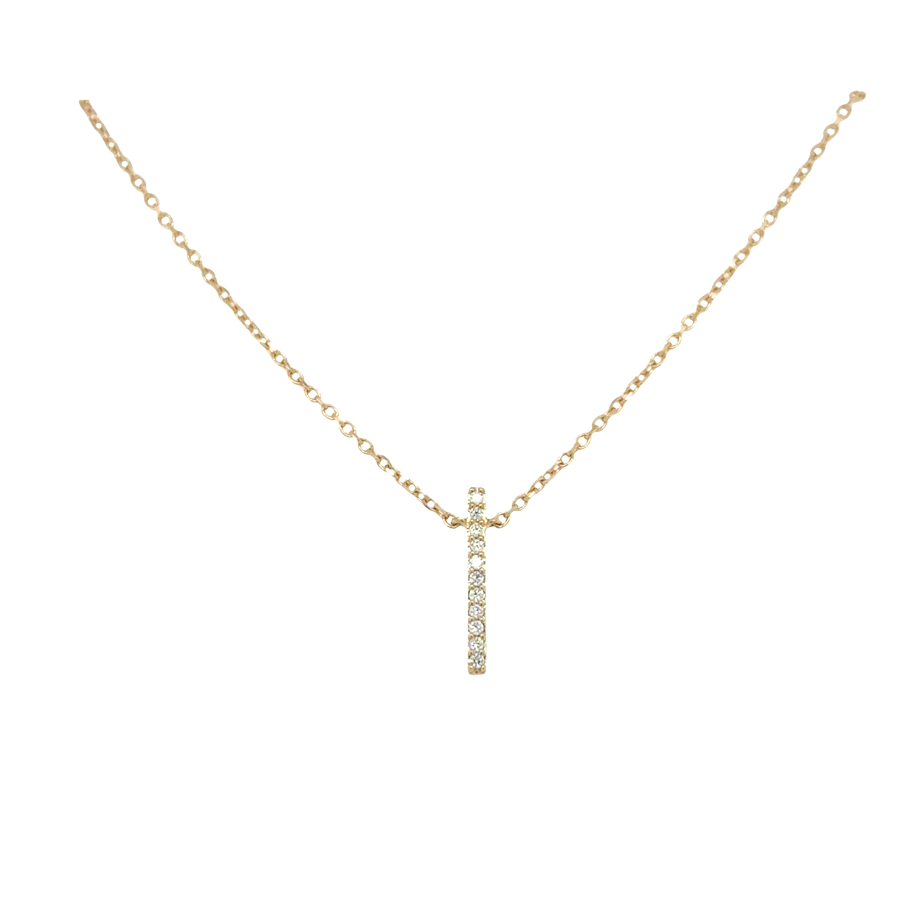 Gold necklace with a diamond bar on a white background
