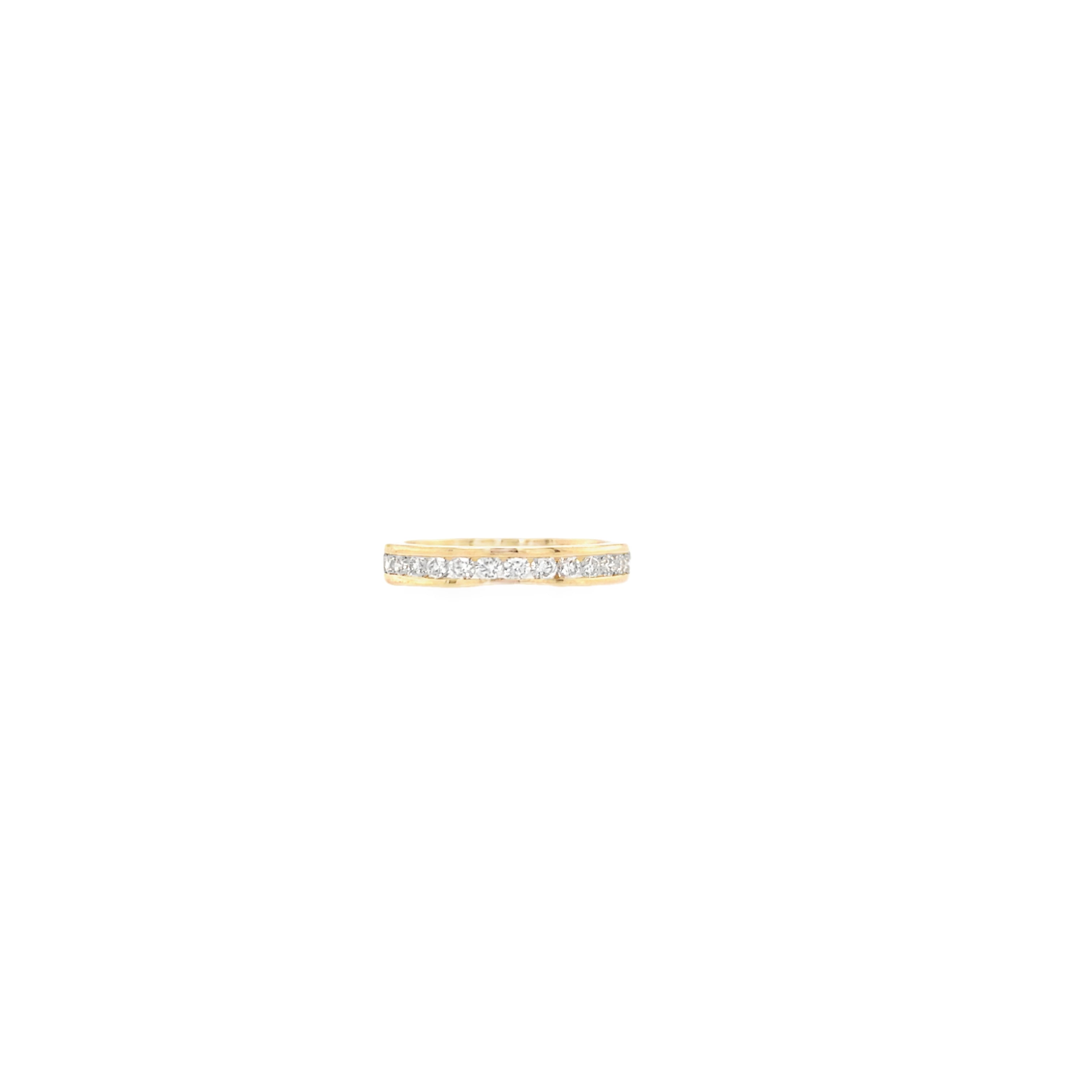 A 14K gold and diamond channel set ring on a white background.