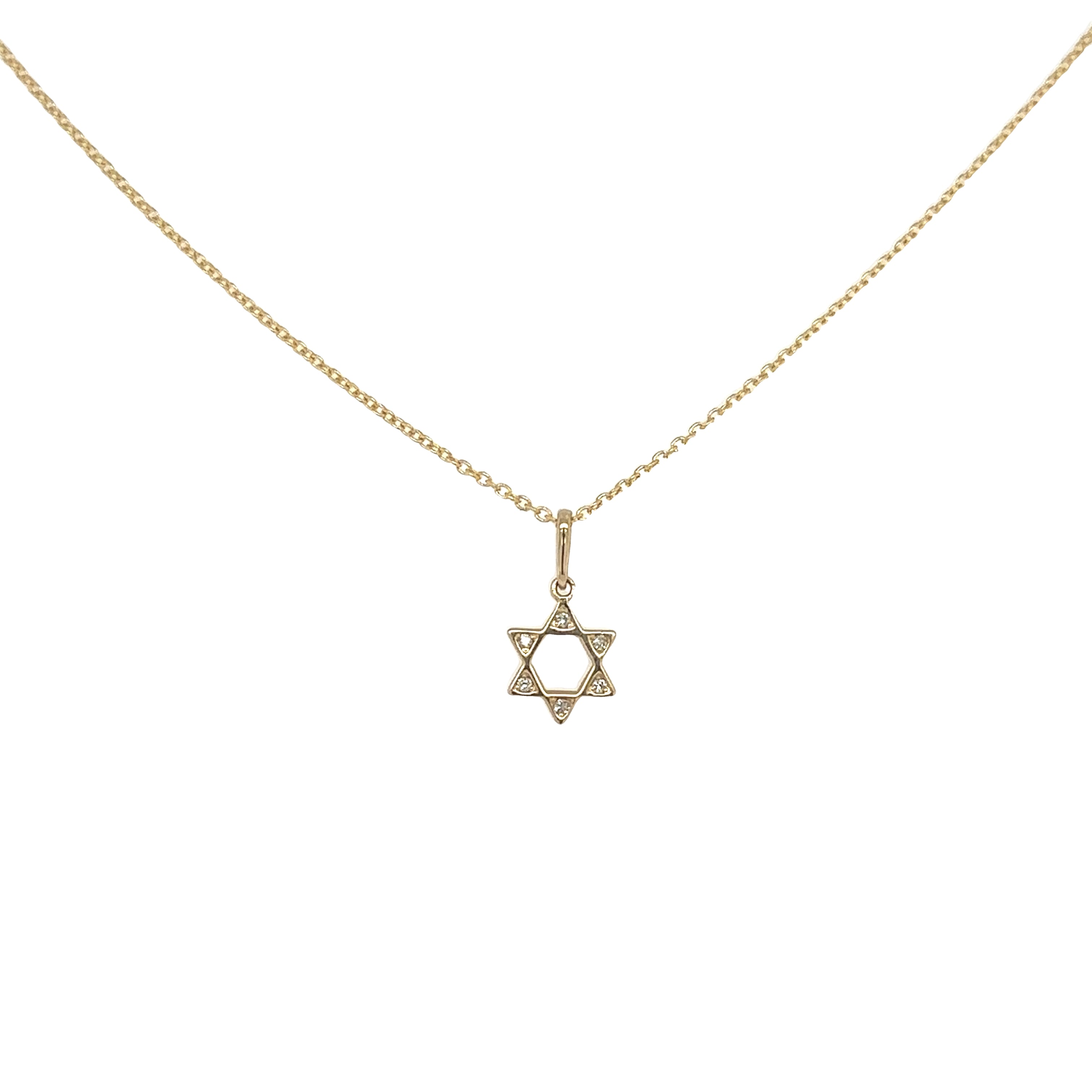 A gold Star of David pendant with diamonds glittering on the corners, attached to a gold chain.
