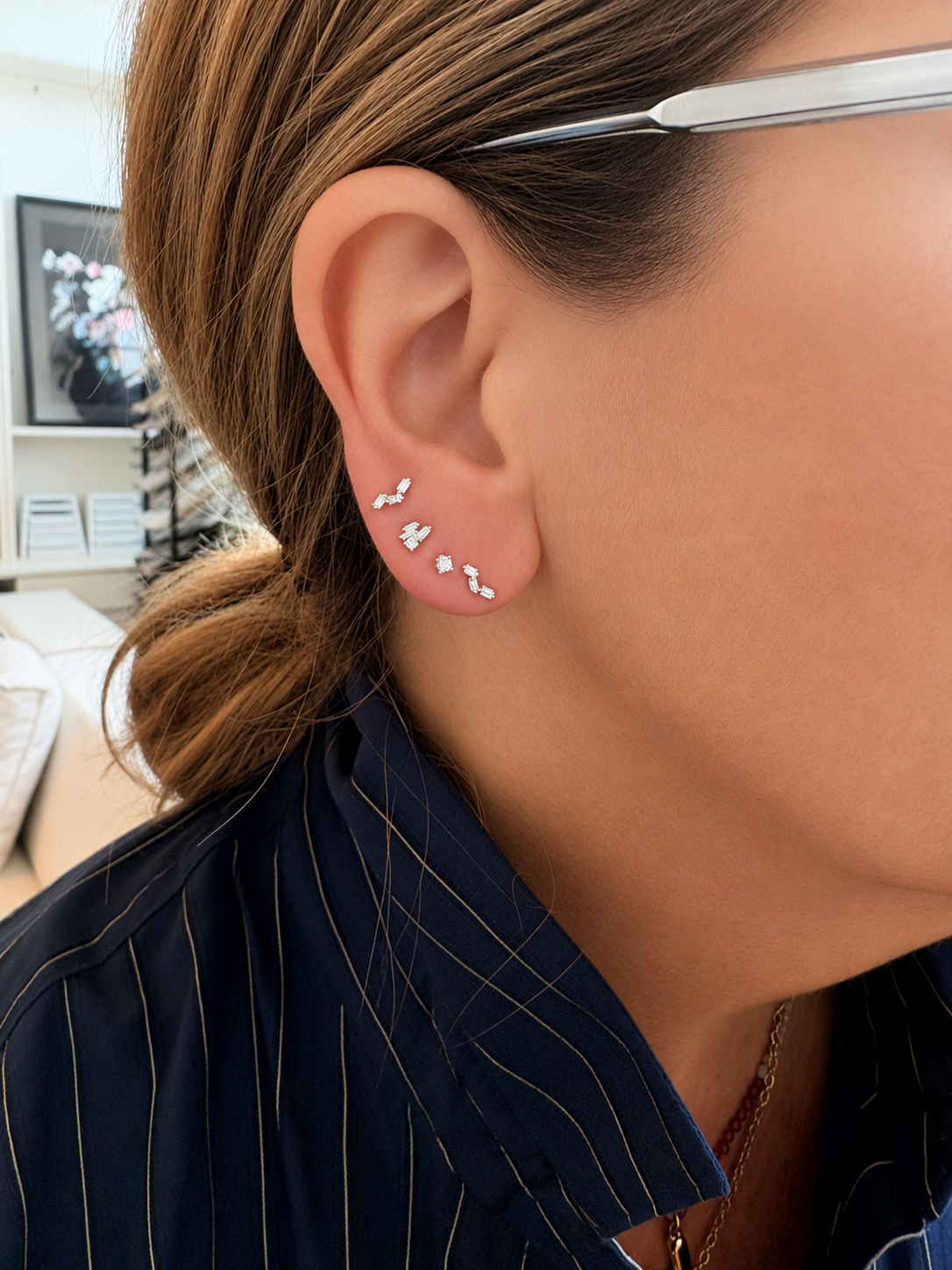 14K Gold Baguette Diamond Cluster Stud Earrings