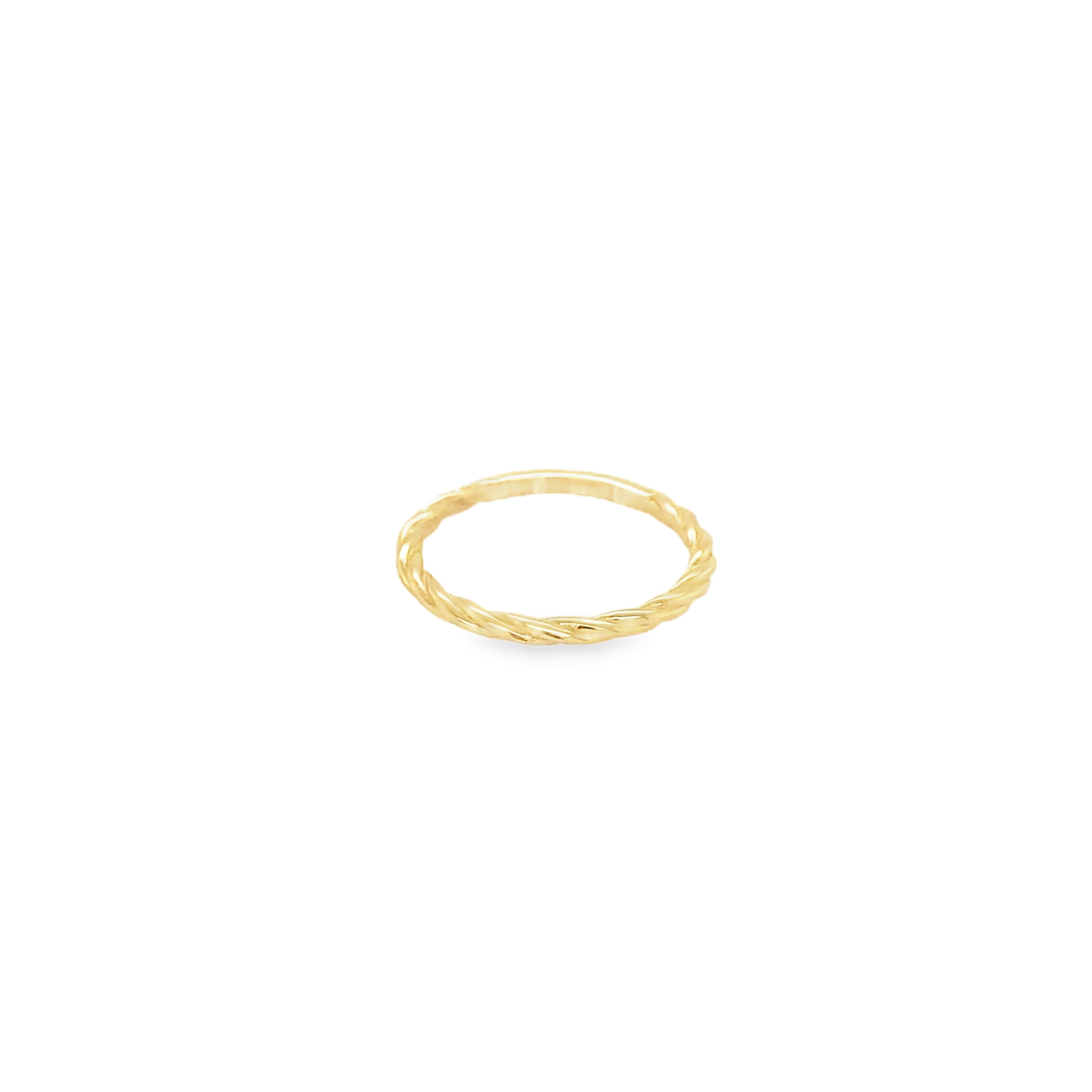 A gold twisted rope ring against a white background.