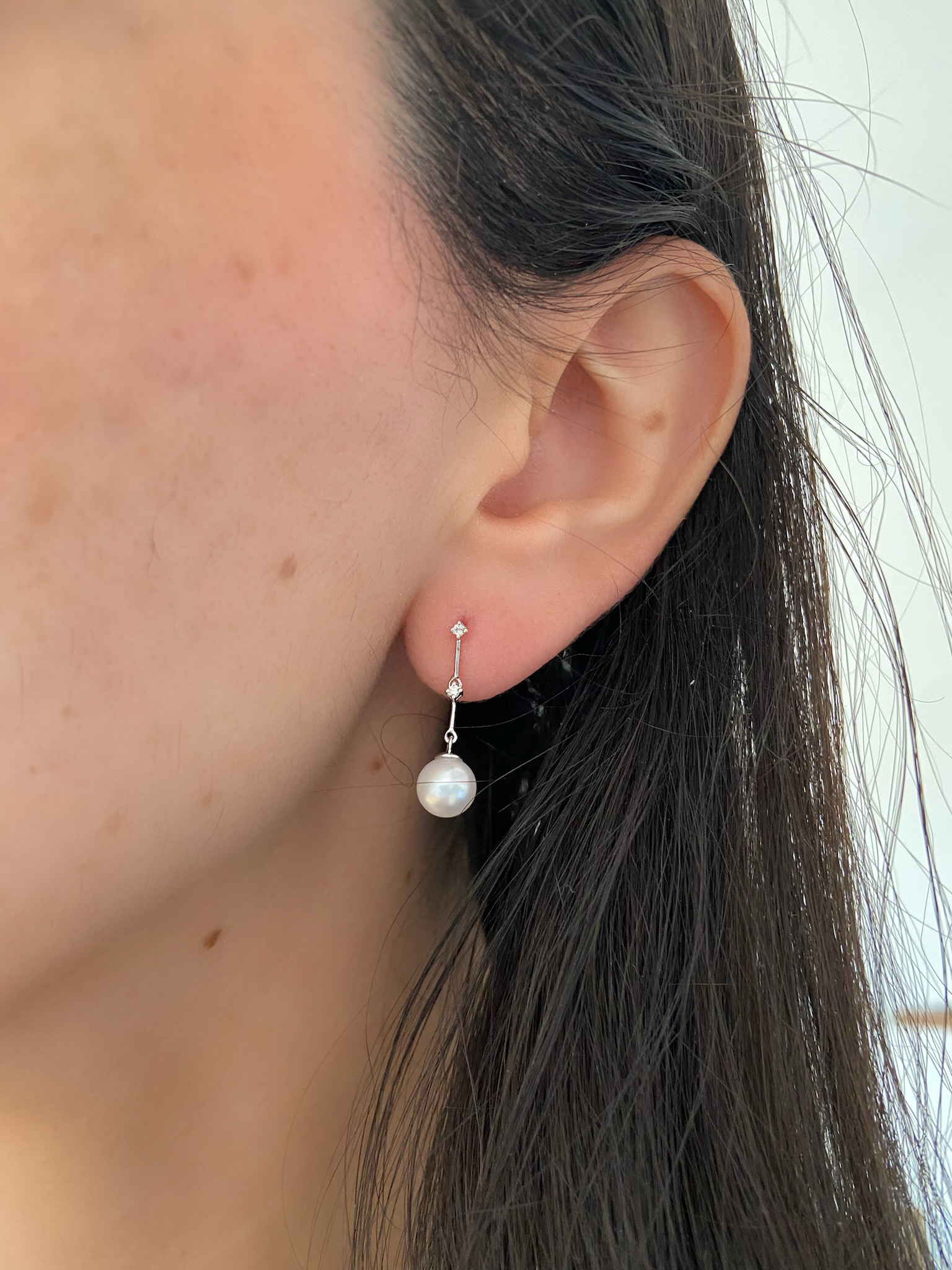 14K Gold Dangling Pearl and Diamond Earrings