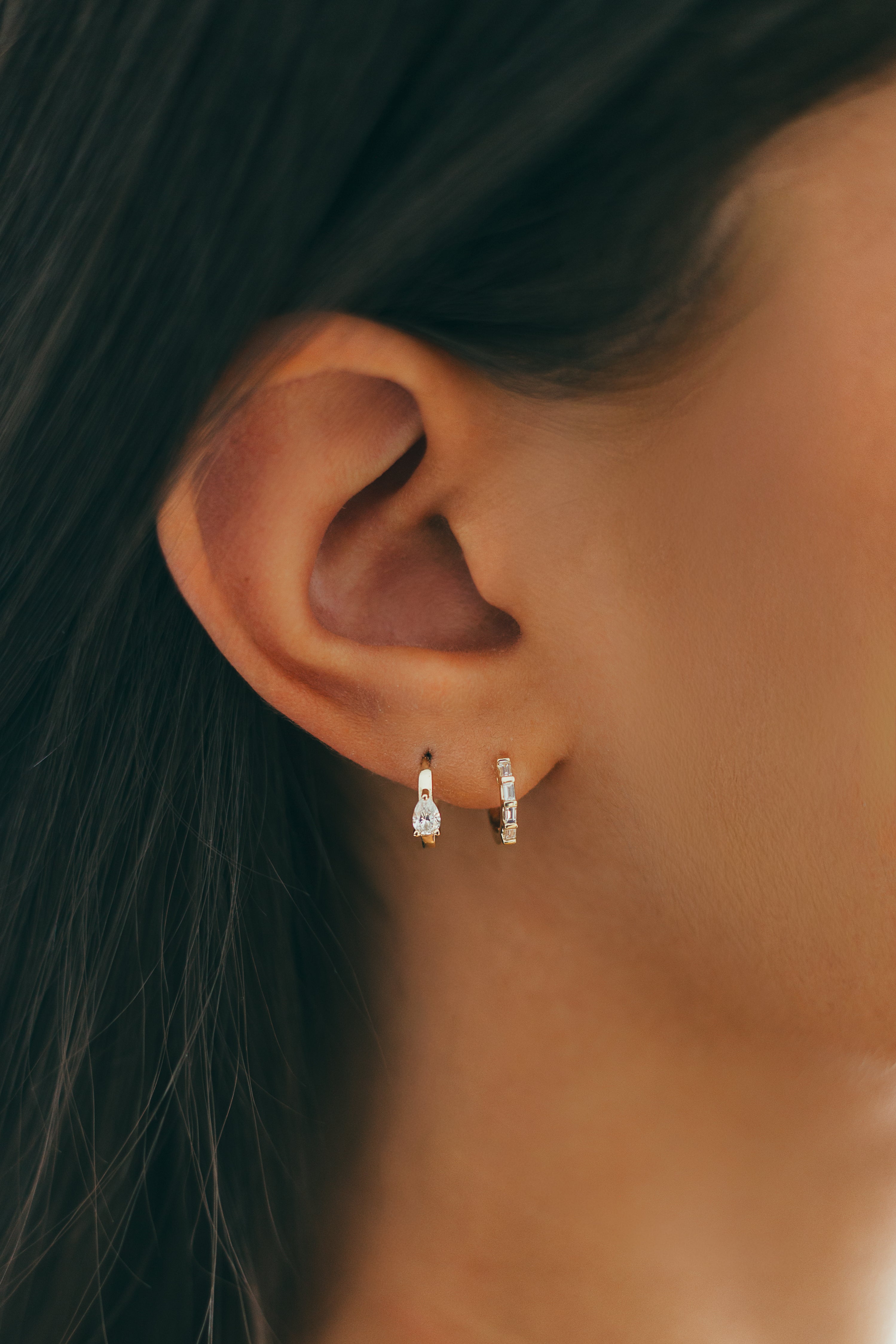 14K Gold Diamond Baguette Huggie Earrings