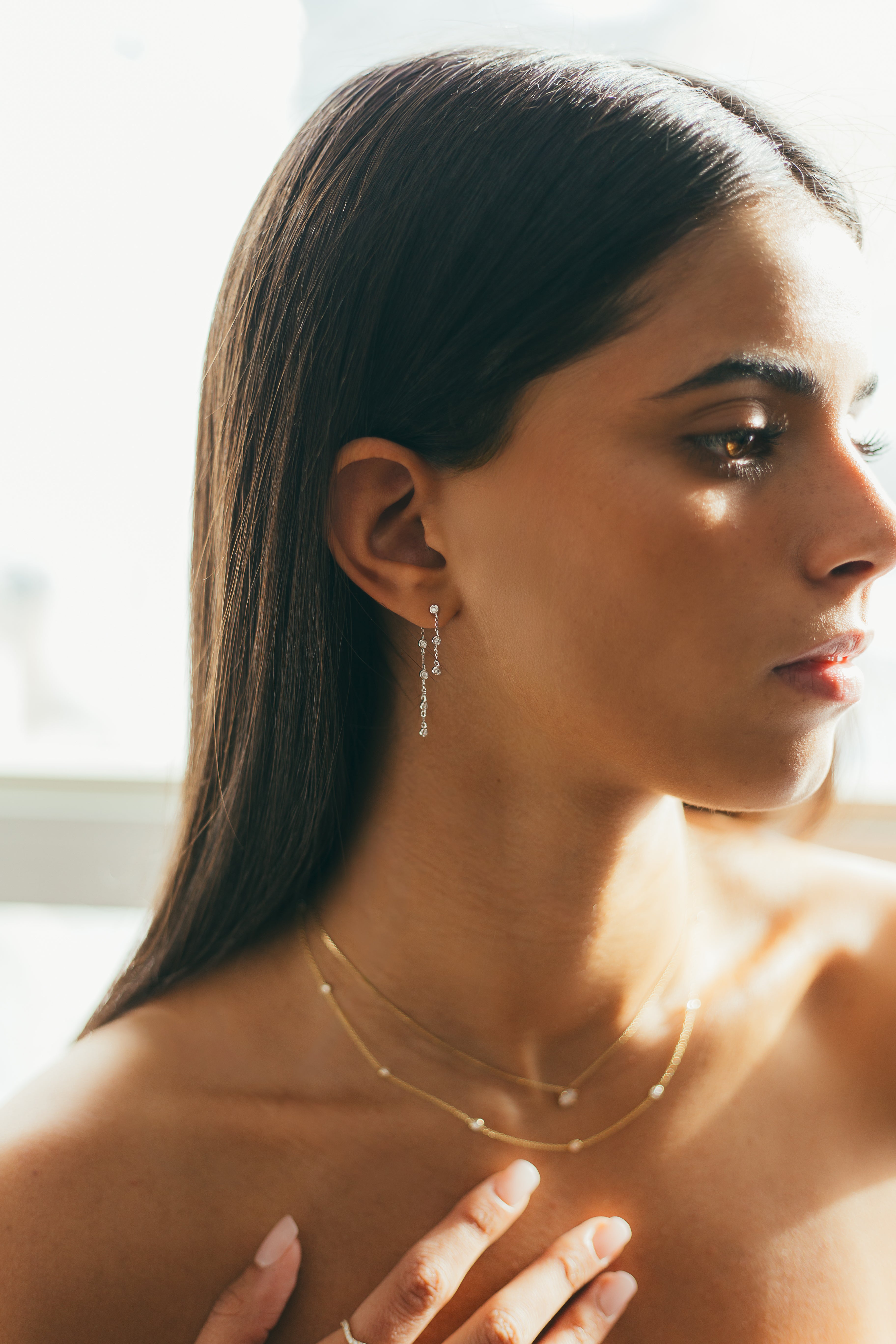 14K Gold Diamond Bezel Drop Earrings