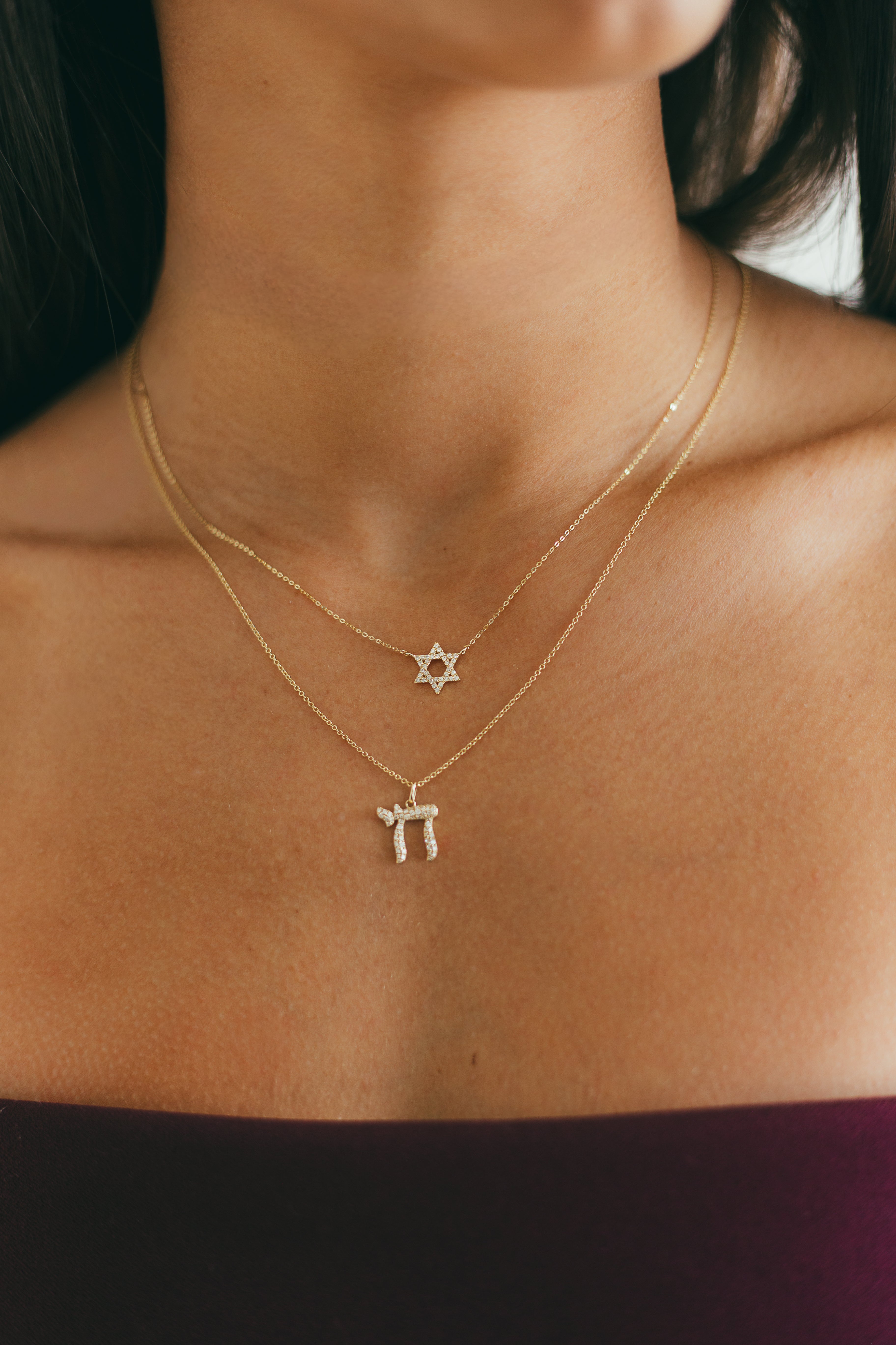 14K Gold Diamond Chai Necklace