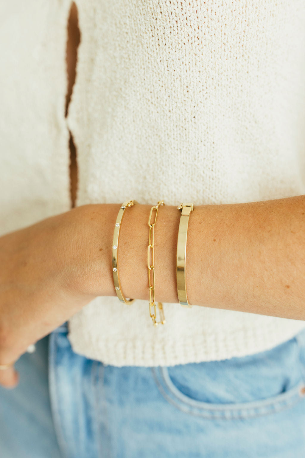 The Everything Bangle Stacked with Paperclip Chain Bracelet and Diamond Bangle