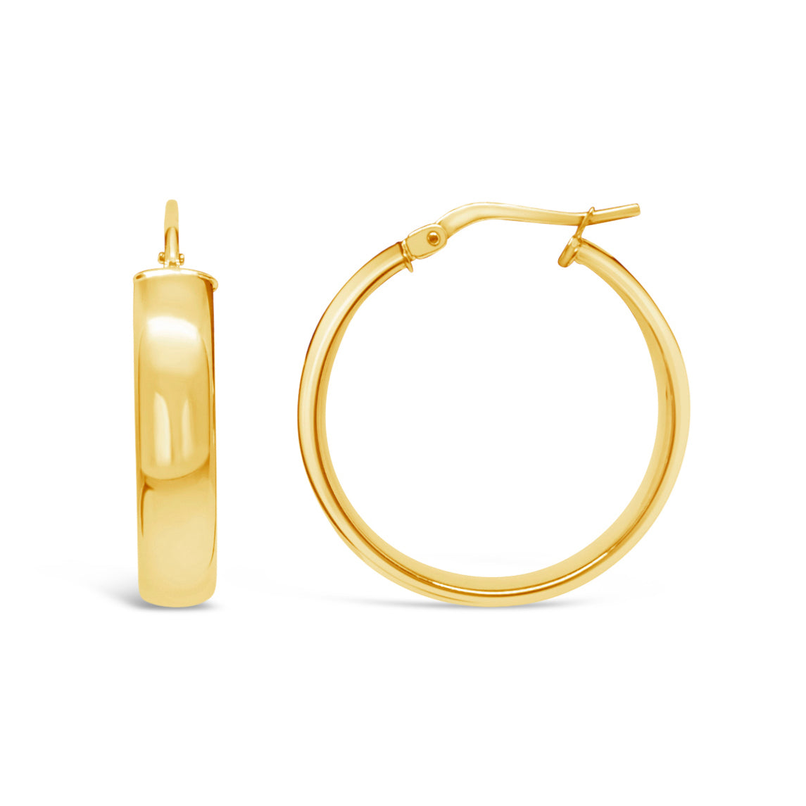A pair of 10K gold extra thick hoop earrings showcasing their thickness and design.