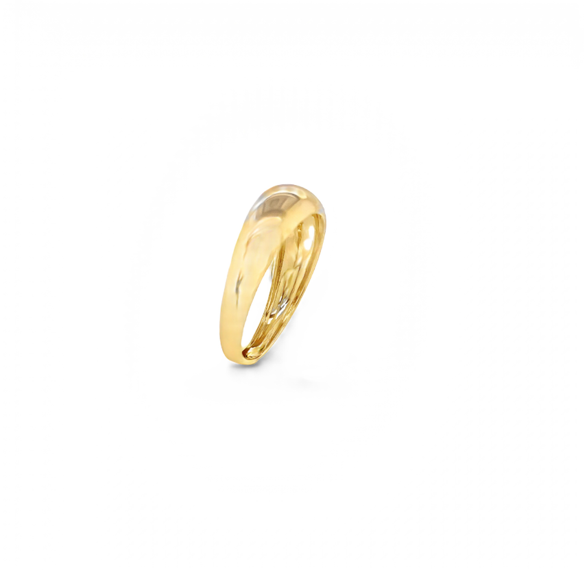 A side view of a yellow gold chunky dome ring on a white background.