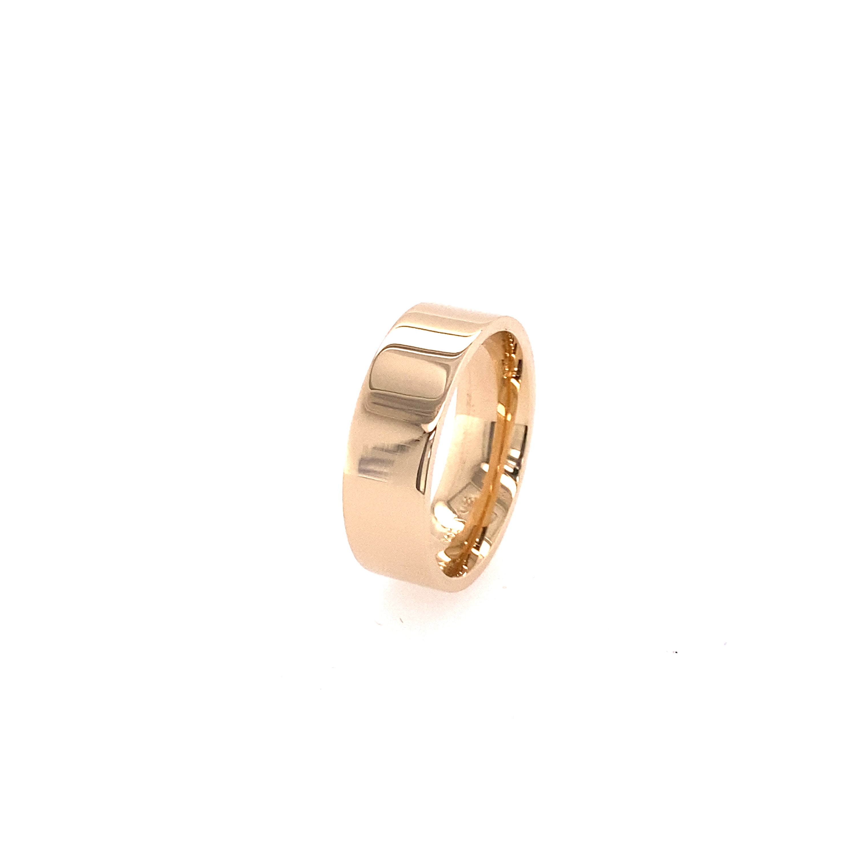 A side view of a gold wide flat cigar band with a shiny finish on a white background.
