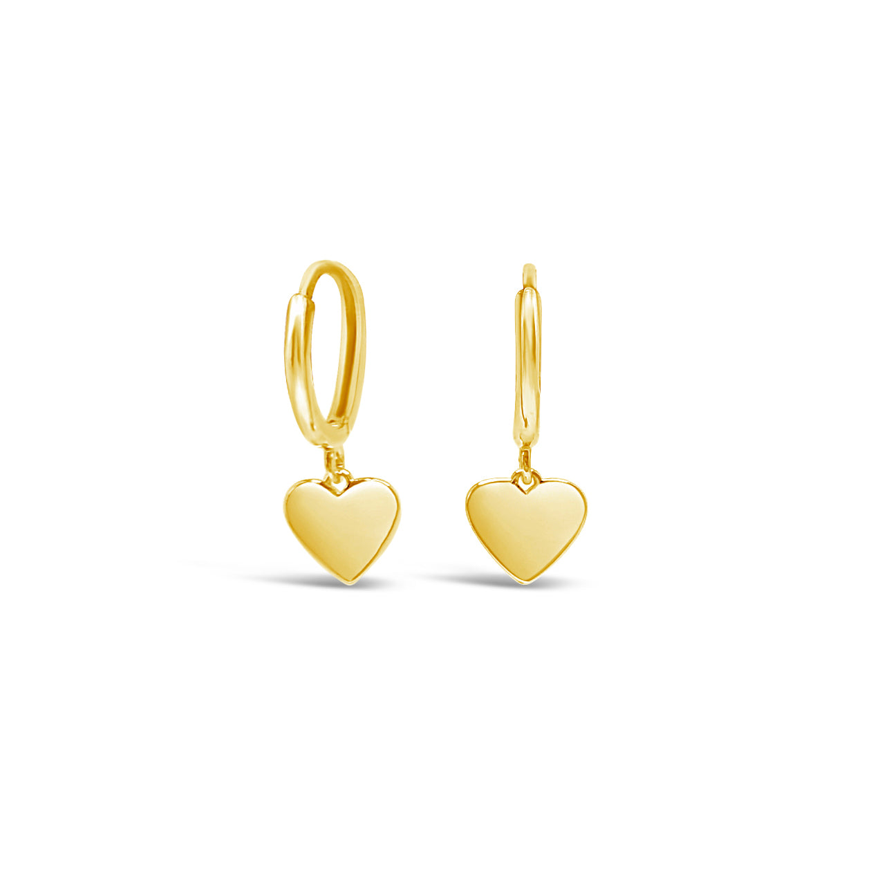 A pair of 14 Karat Gold Dangling Heart Huggie earrings on a white background