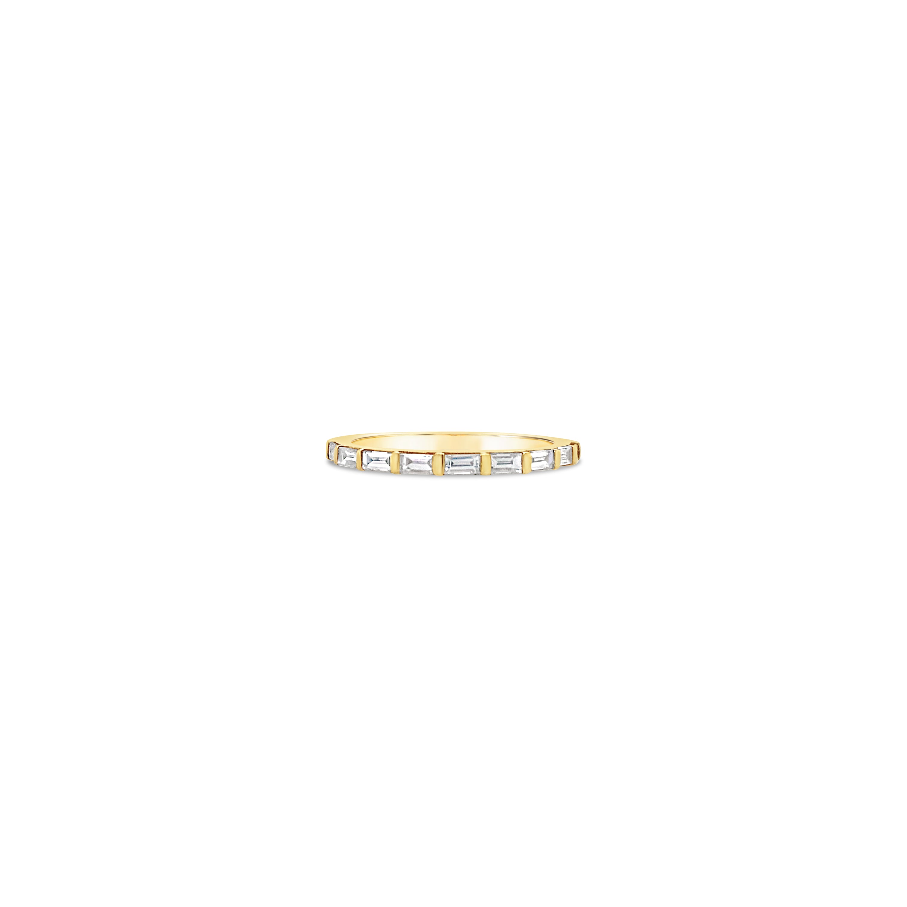 A 14K yellow gold diamond baguette ring facing forward on a white background.