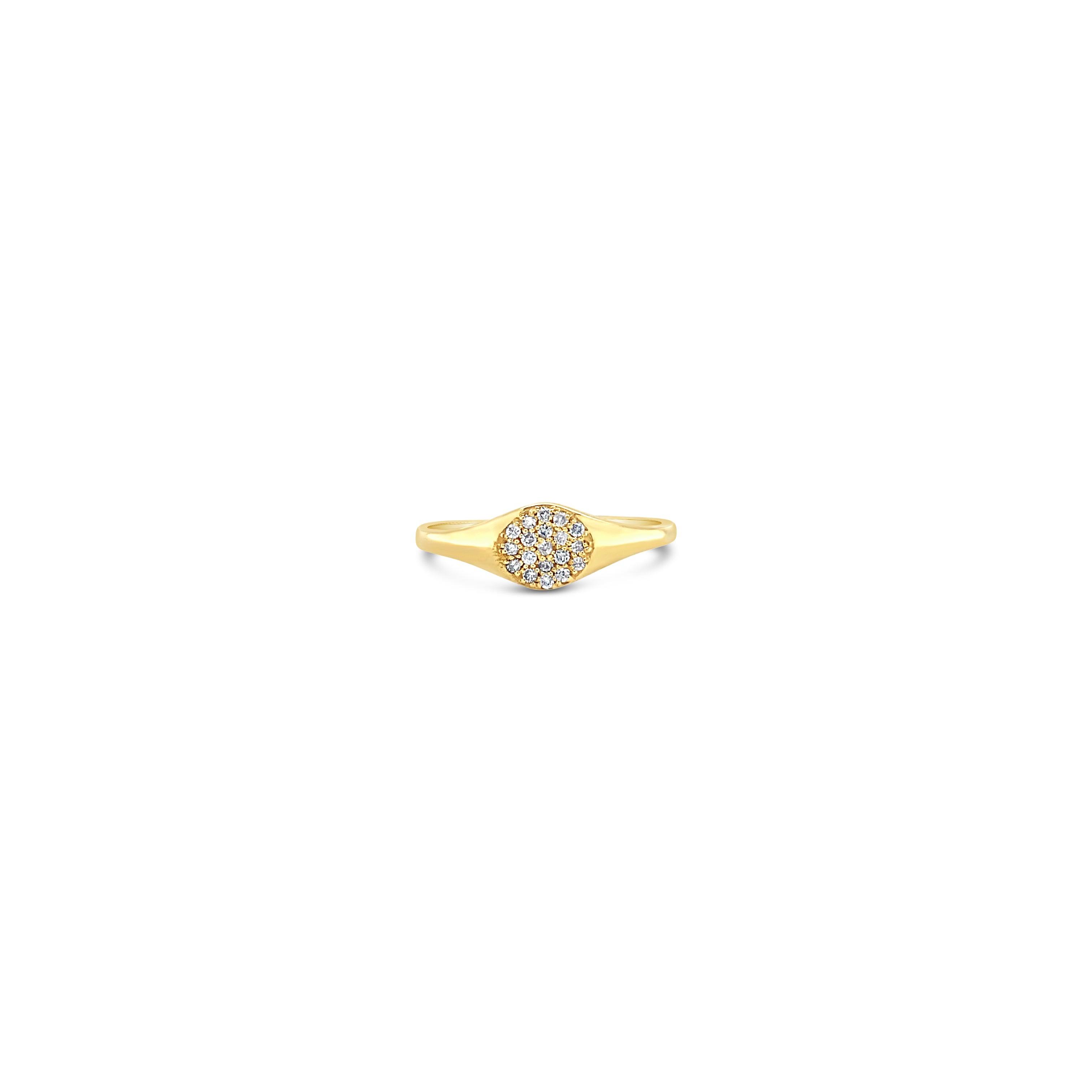 A yellow gold mini diamond signet ring with a central sparkling diamond, set in a gold band on a white background.