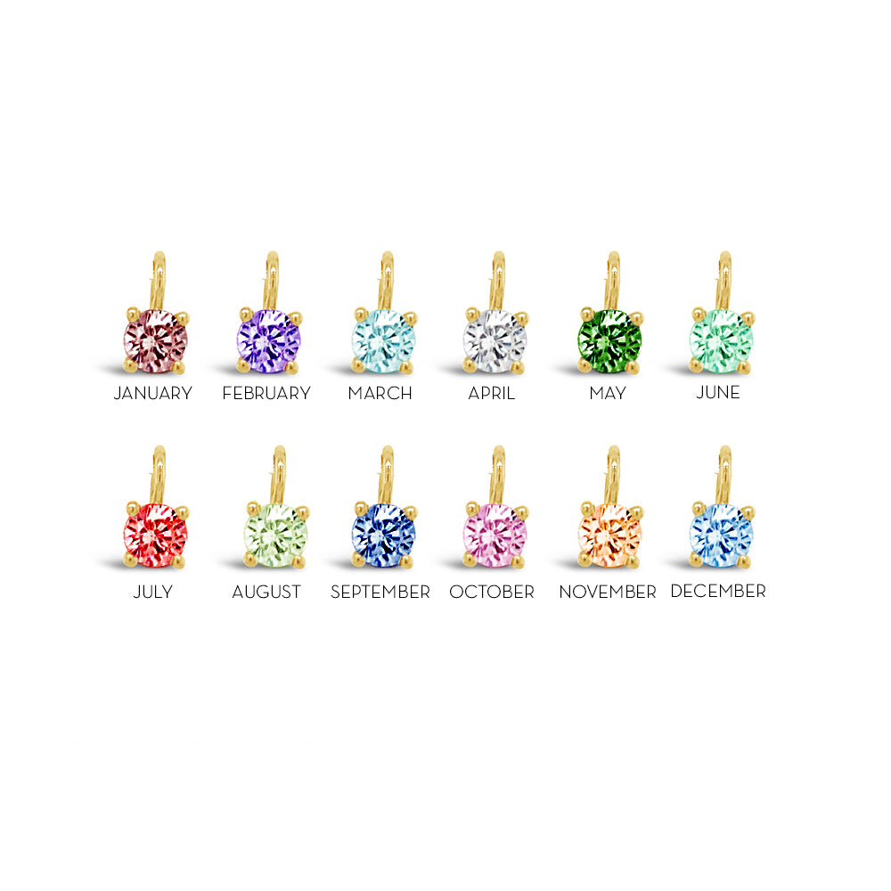 A collection of floating birthstone pendants in gold, each pendant representing a different month with a corresponding birthstone color.