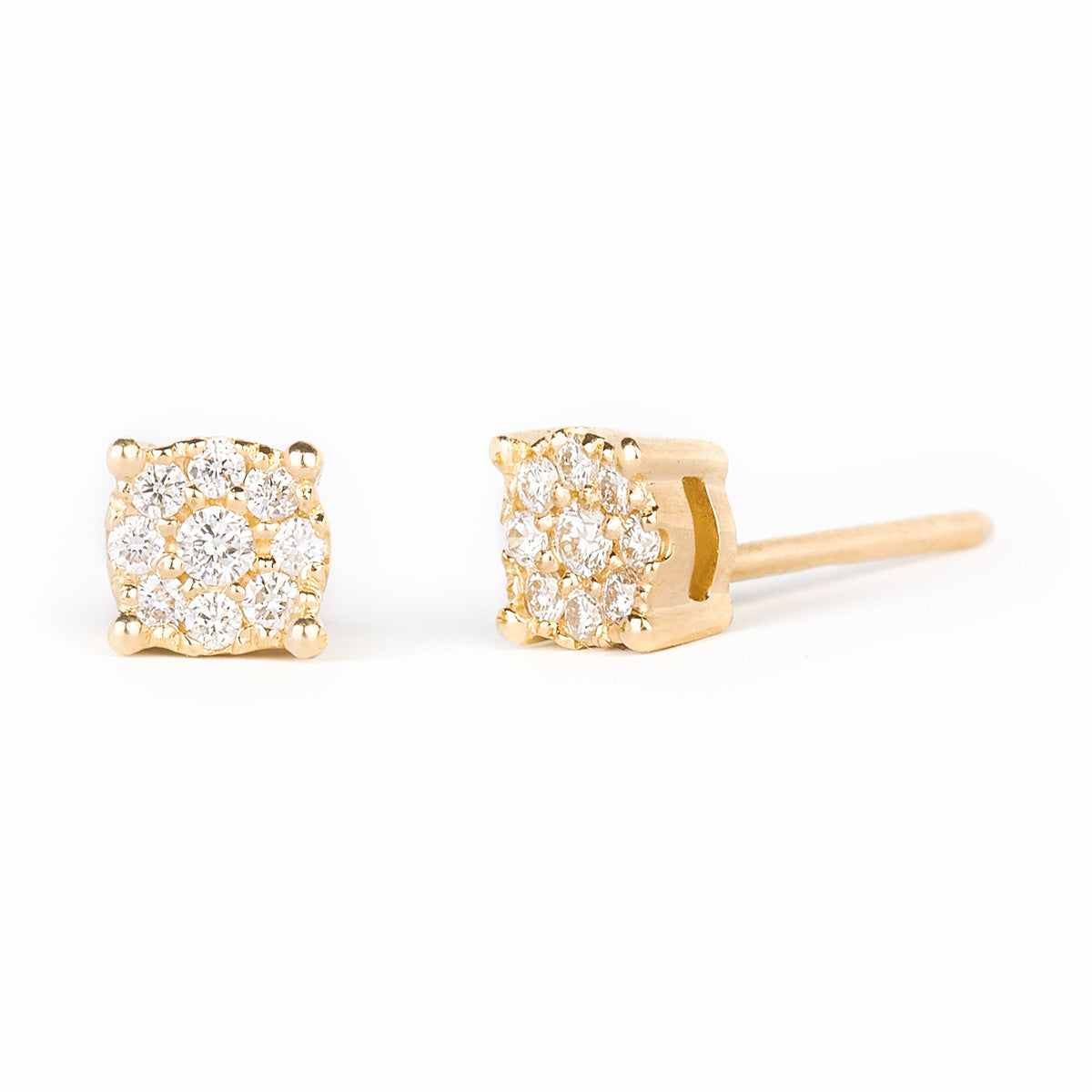 A pair of round diamond cluster stud earrings set in 14k gold, featuring closely set diamonds that create the look of a single, larger stone.