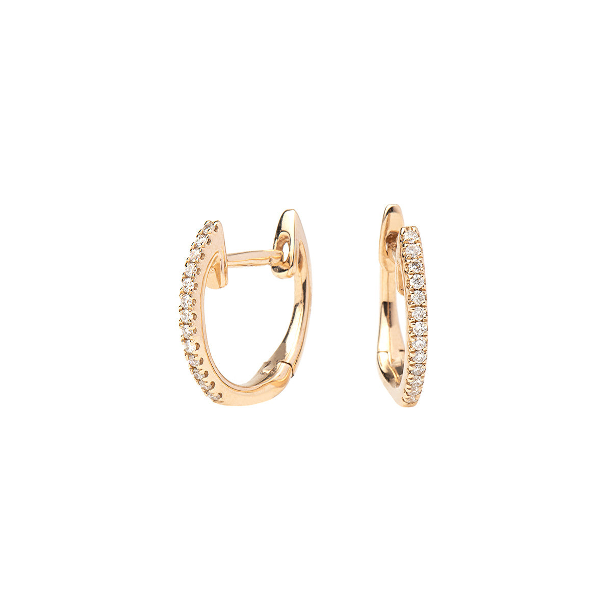 A pair of 14K Mini Diamond Huggies earrings, featuring a small hoop design with micro-pave diamond setting, in yellow gold.