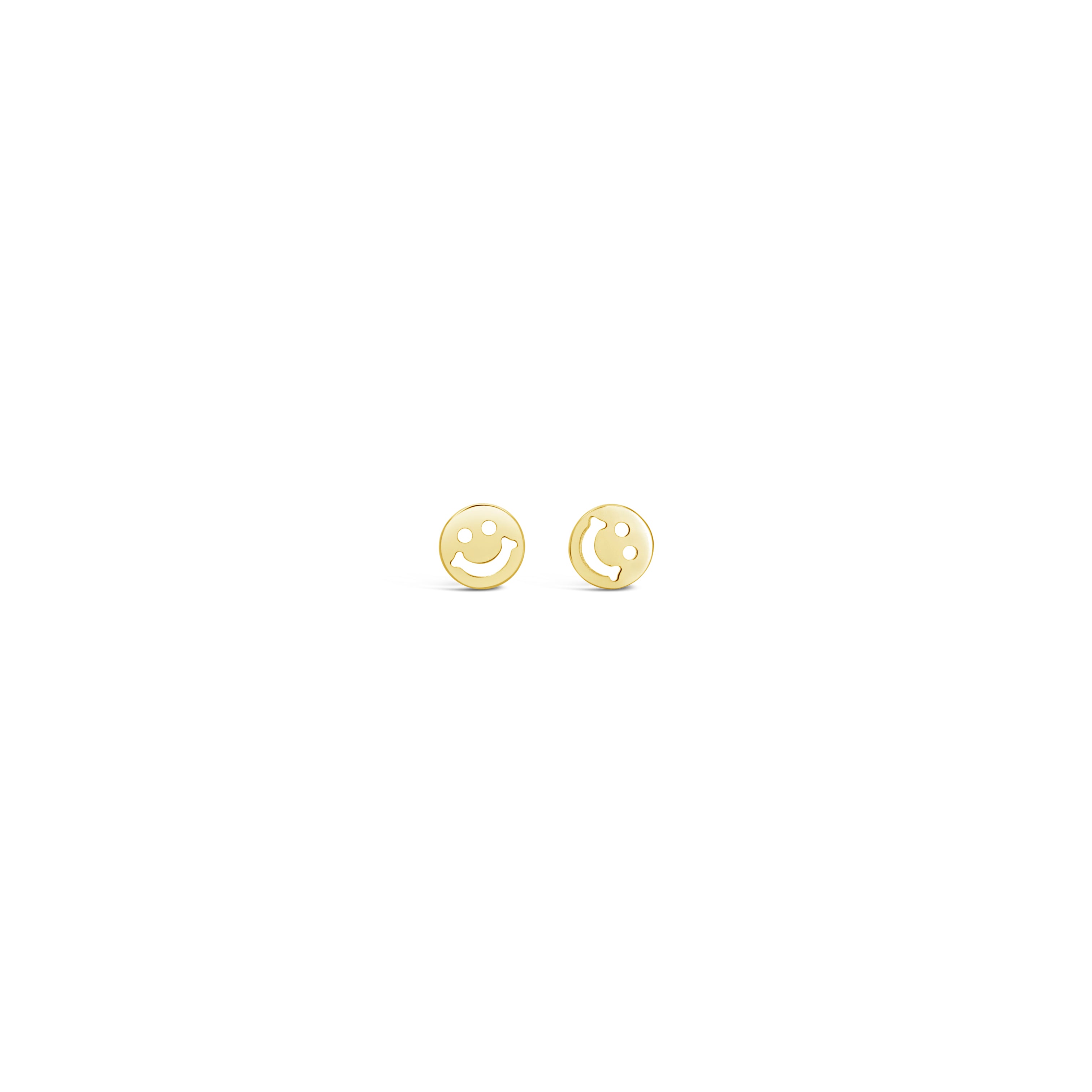 A pair of 14K gold happy face stud earrings on a white background.