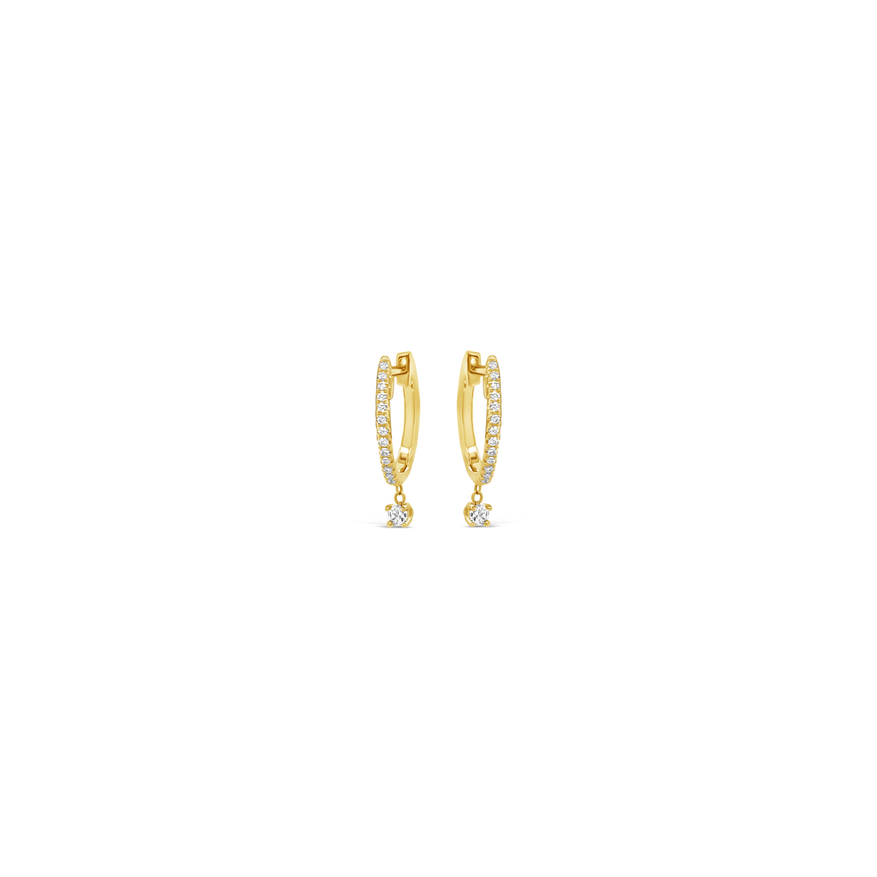 Perfect Diamond Huggie Earrings with Dangling Diamond Detail in Gold from Jessica Jewellery.