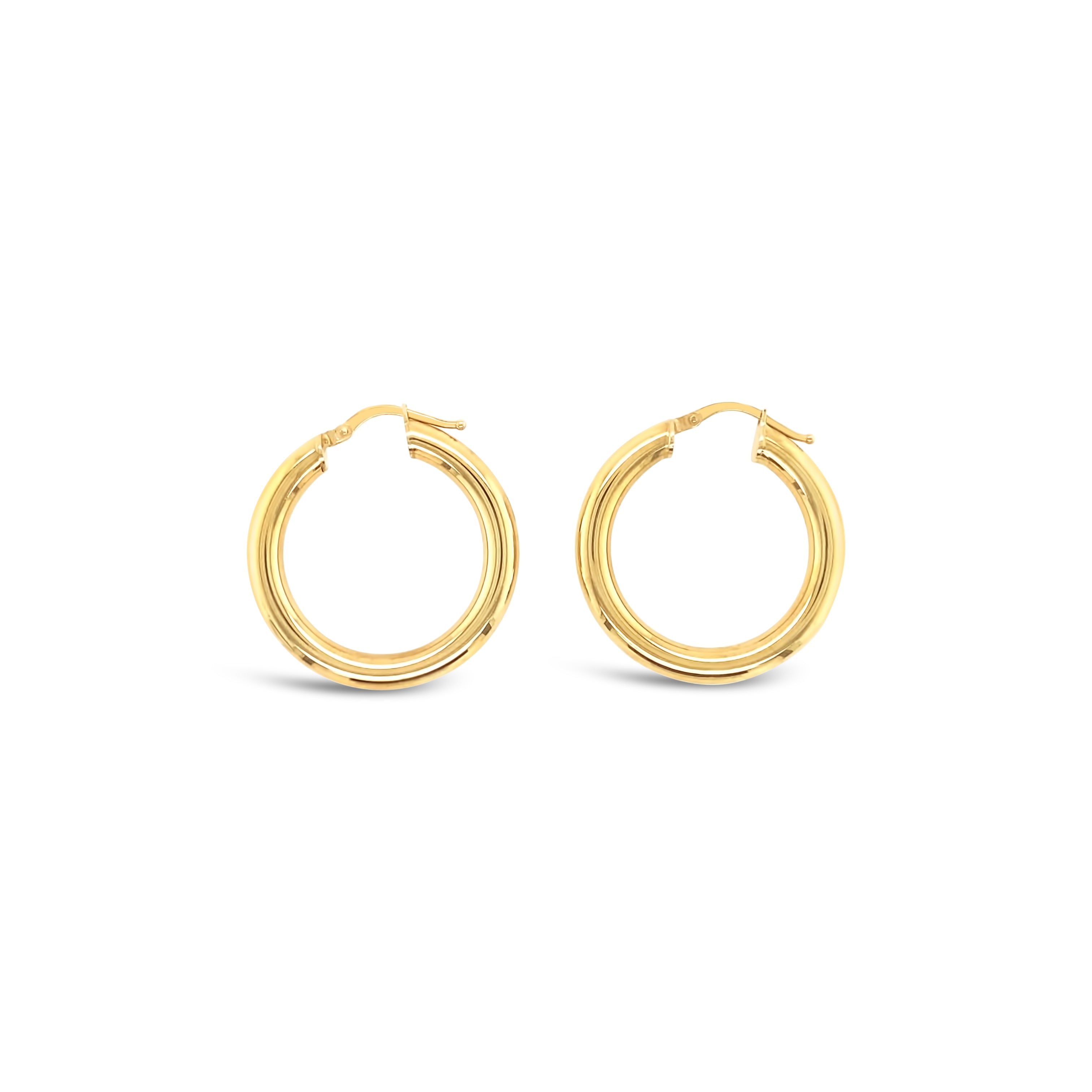 A pair of 4mm thick gold hoop earrings with a polished finish.