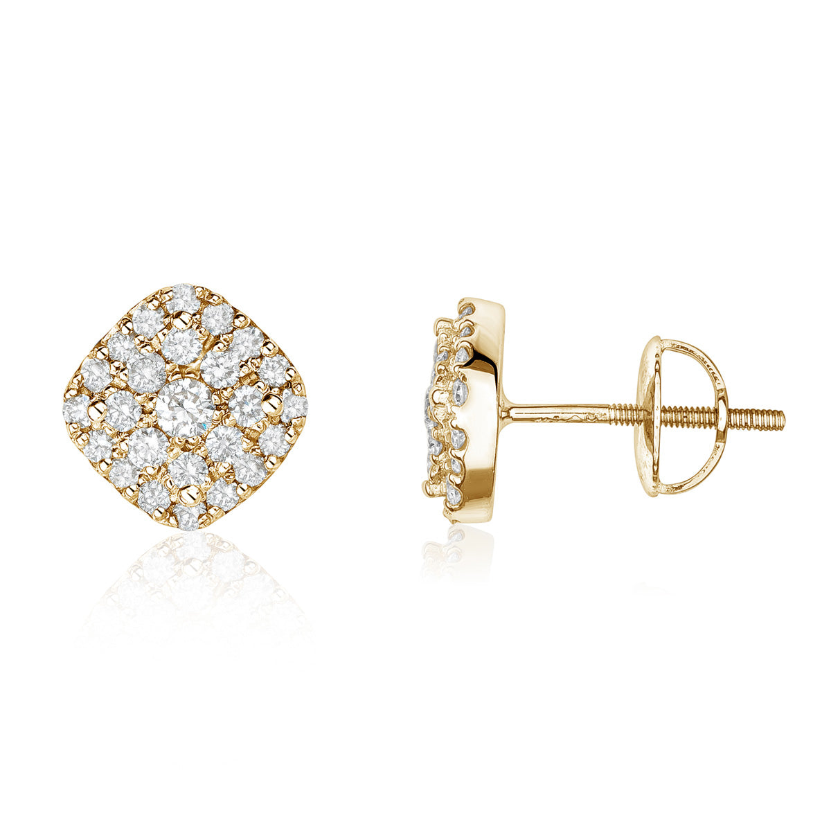A pair of cushion-shaped illusion diamond stud earrings with a screw-back closure, set in a yellow gold mounting.