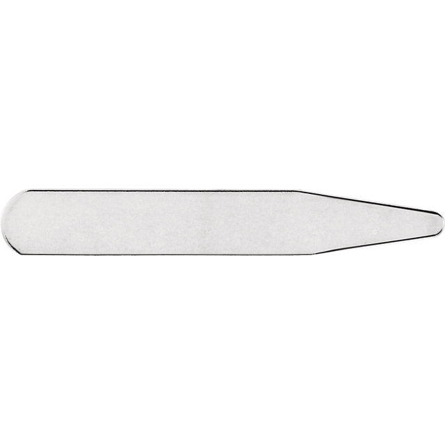 A stainless steel engravable collar stay with a round pointed tip and a rounded base.