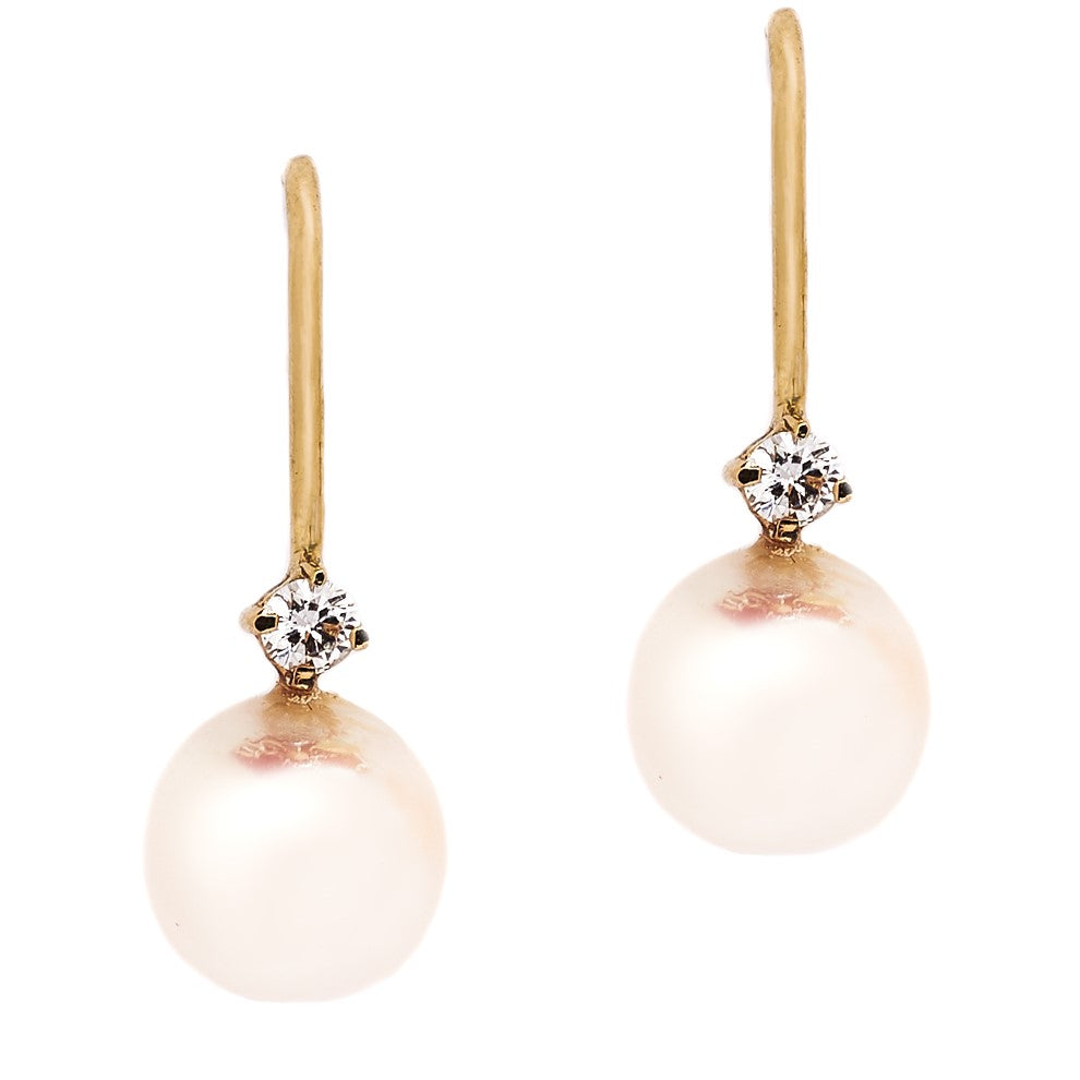 14K Gold Pearl and Diamond Hook Earrings