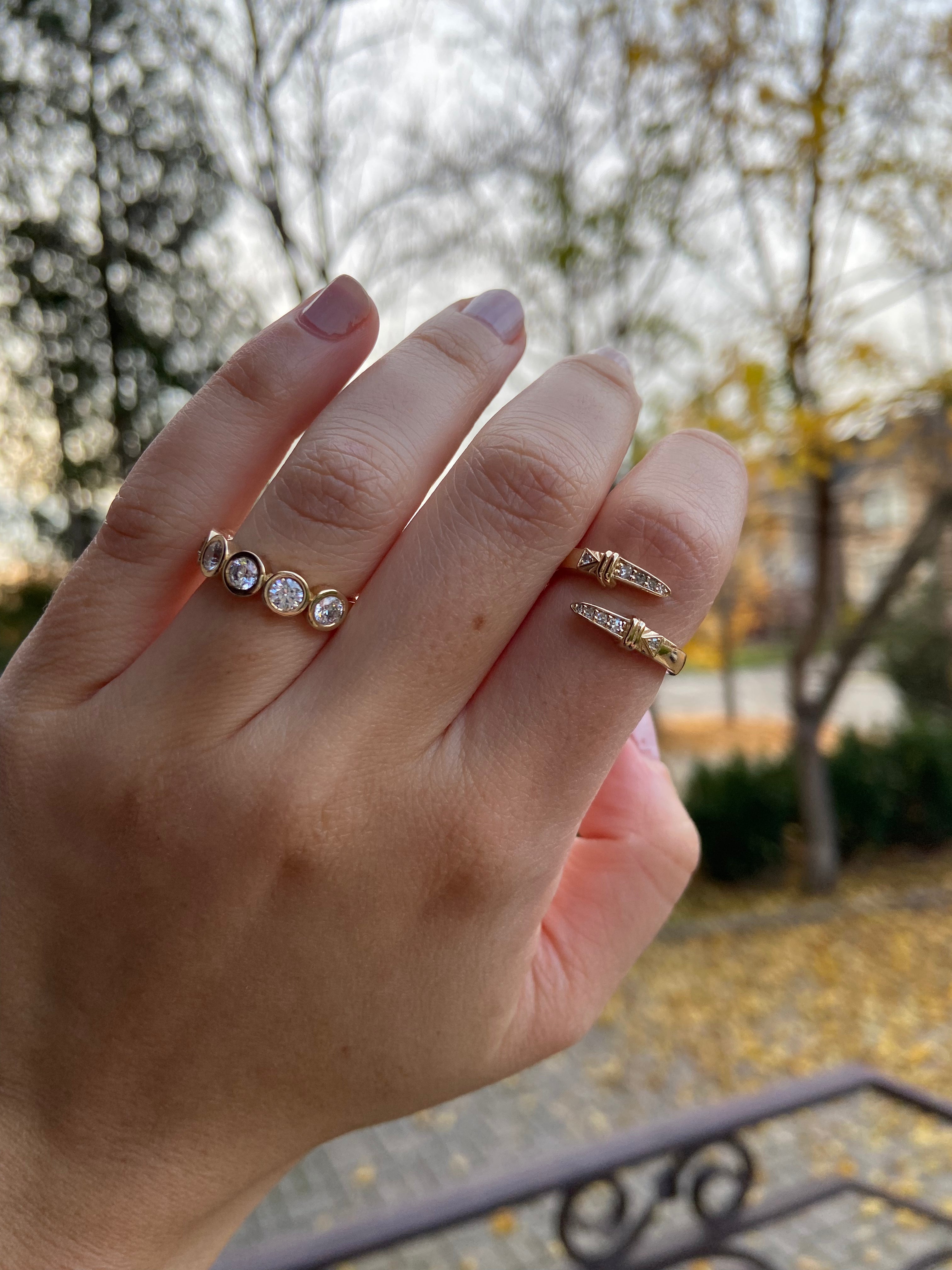 Close up of a person's hand wearing two gold rings with trees in the background.