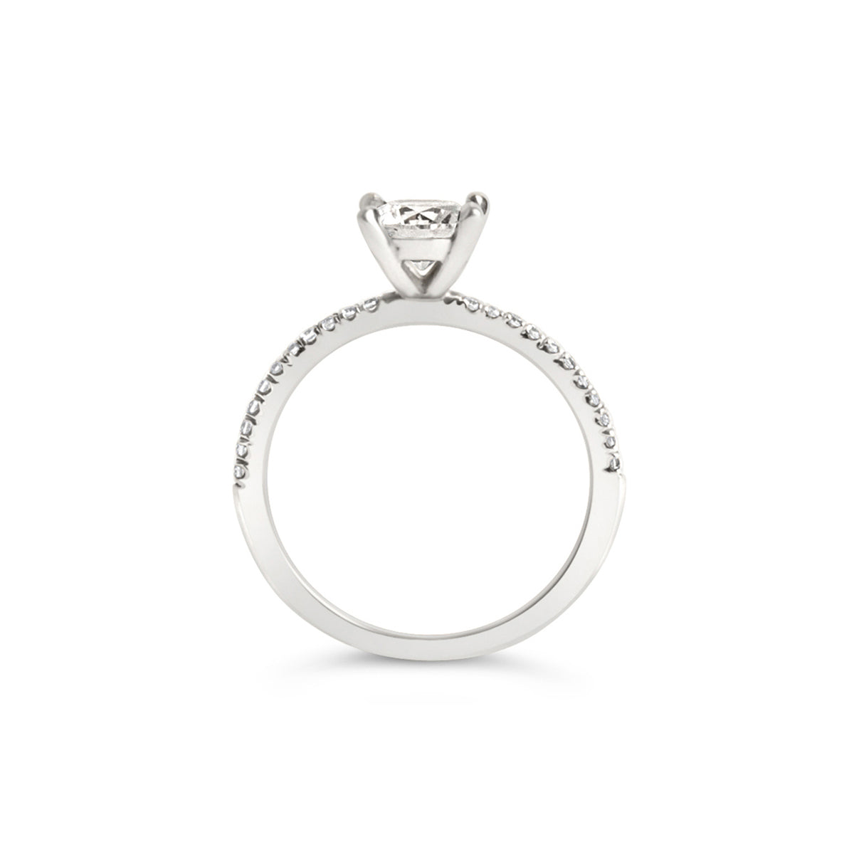 A solitaire engagement ring featuring tiny diamonds around the band, designed to highlight the center stone.