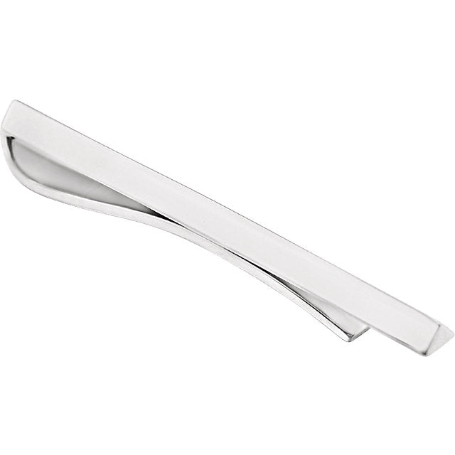 A sterling silver triangular tie bar against a white background.