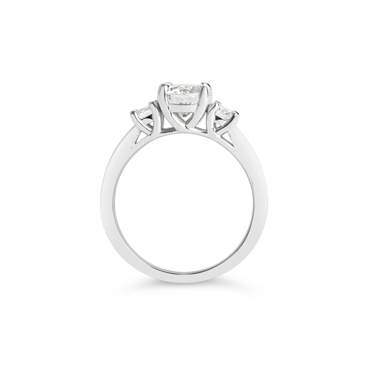 A three-stone engagement ring featuring three hand picked diamonds which features a center stone that is accented by two prominent side stones. 