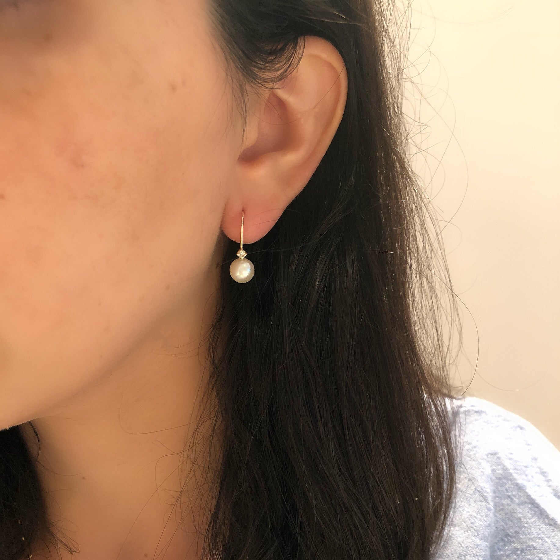14K Gold Pearl and Diamond Hook Earrings